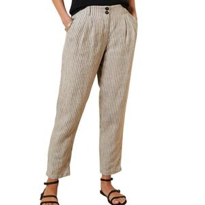 Garnet Hill Straight-Leg Pure‎ Linen High Waist Trousers Sand Mini Stripe 10